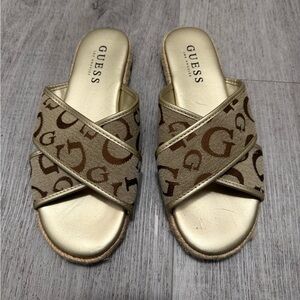 GUESS Gold Footbed with Brown Logo Crossband Slide Sandals